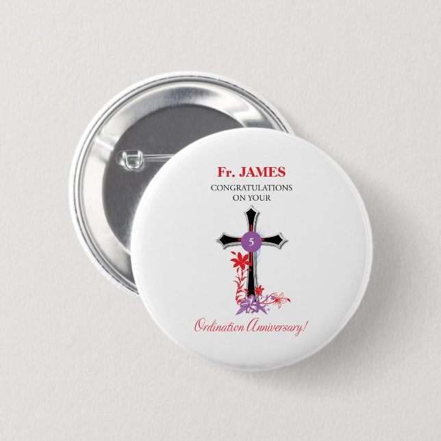 Priest 5th Ordination Anniversary Black Cross 2 Inch Round Button (Front & Back)