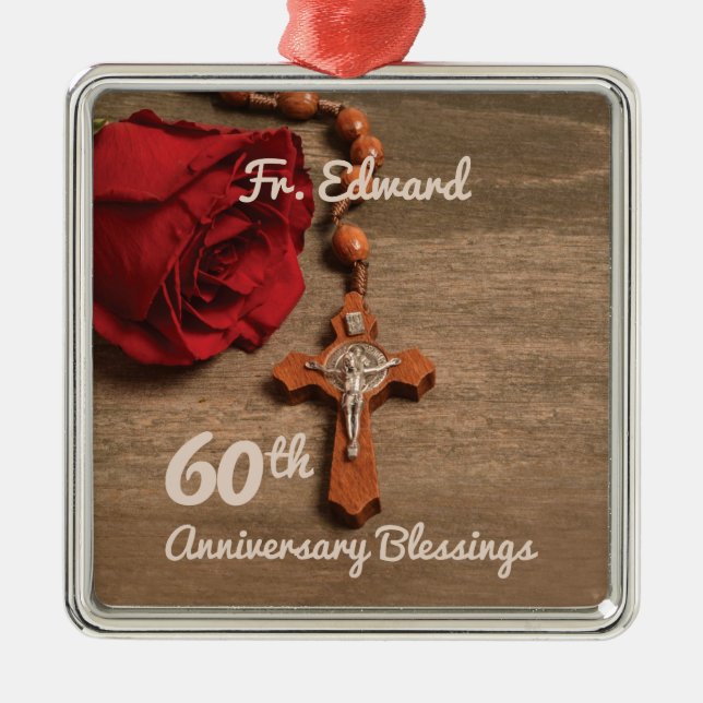 Priest 60th Ordination Anniversary Rose and Rosary Metal Ornament (Front)