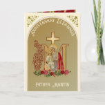 Priest Anniversary Mary Jesus Catholic  Card<br><div class="desc">This is a beautiful traditional Catholic customized image of the Blessed Virgin Mary with the Child Jesus on a gold Marian Cross with red and pink roses. Inside is the famous prayer, THE BEAUTIFUL HANDS OF A PRIEST. All text and fonts may be modified to suit the occasion and recipient....</div>