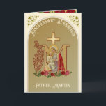 Priest Anniversary Mary Jesus Catholic  Card<br><div class="desc">This is a beautiful traditional Catholic customized image of the Blessed Virgin Mary with the Child Jesus on a gold Marian Cross with red and pink roses. Inside is the famous prayer, THE BEAUTIFUL HANDS OF A PRIEST. All text and fonts may be modified to suit the occasion and recipient....</div>