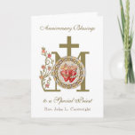 Priest Anniversary Ordination Virgin Mary Jesus Card<br><div class="desc">This is a beautiful traditional Catholic customized Marian Cross image with the Immaculate & Sacred Hearts of Jesus and Mary. The Blessed Virgin Mary with the Child Jesus on a gold Marian Cross with red and pink roses is on the inside with the holy rosary. All text and fonts may...</div>