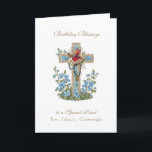Priest Birthday Blessings Celebration Virgin Mary  Card<br><div class="desc">This is a beautiful traditional Catholic customized image of the Immaculate Heart of Mary overlaid on a blue floral cross.  All text and fonts may be modified to suit the occasion and recipient.</div>