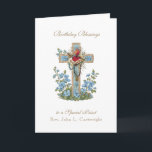 Priest Birthday Blessings Celebration Virgin Mary  Card<br><div class="desc">This is a beautiful traditional Catholic customized image of the Immaculate Heart of Mary overlaid on a blue floral cross.  All text and fonts may be modified to suit the occasion and recipient.</div>