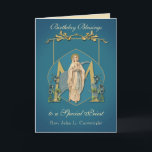 Priest Birthday Blessings Celebration Virgin Mary  Card<br><div class="desc">This is a beautiful traditional Catholic customized image of the Blessed Virgin Mary,  Our Lady of Lourdes overlaid on a Marian "M" with blue flowers and a gold frame.  All text and fonts may be modified to suit the occasion and recipient.</div>