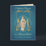 Priest Birthday Blessings Celebration Virgin Mary  Card<br><div class="desc">This is a beautiful traditional Catholic customized image of the Blessed Virgin Mary,  Our Lady of Lourdes overlaid on a Marian "M" with blue flowers and a gold frame.  All text and fonts may be modified to suit the occasion and recipient.</div>