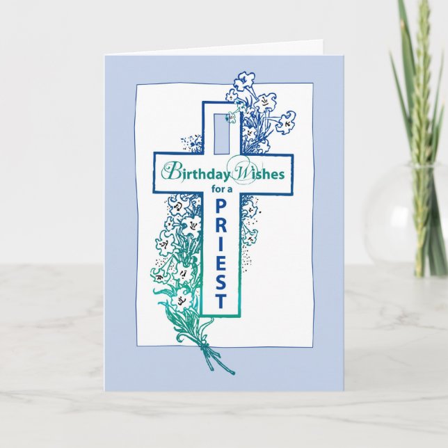 Priest Birthday Cross Flowers Card (Front)