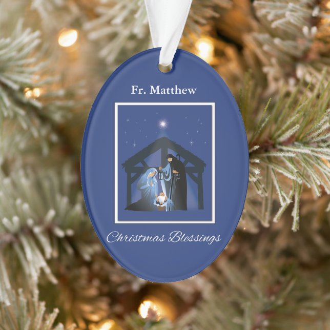 Priest Christmas Blessings, Nativity Scene on Blue Ornament (Tree)