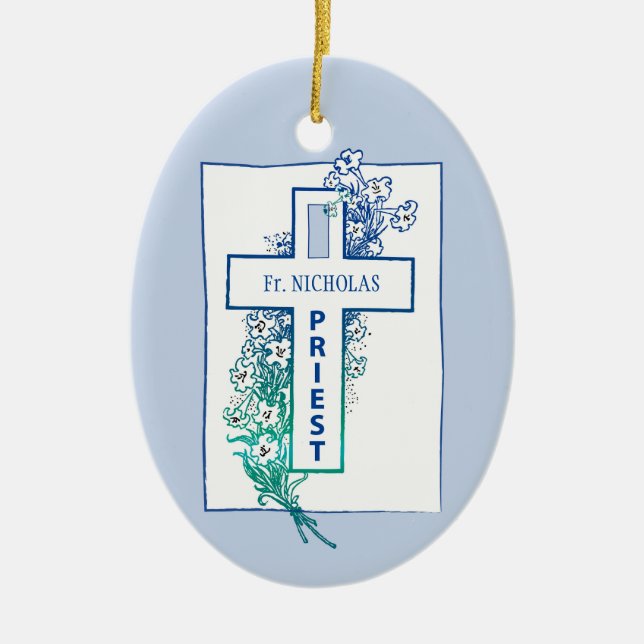 Priest Cross Flowers Personalized Ceramic Ornament (Front)
