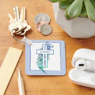 Priest Cross Flowers Personalized Keychain