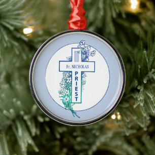 Priest Cross Flowers Personalized Metal Ornament