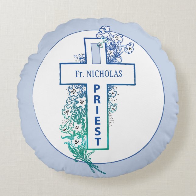 Priest Cross Flowers Personalized Round Pillow (Front)