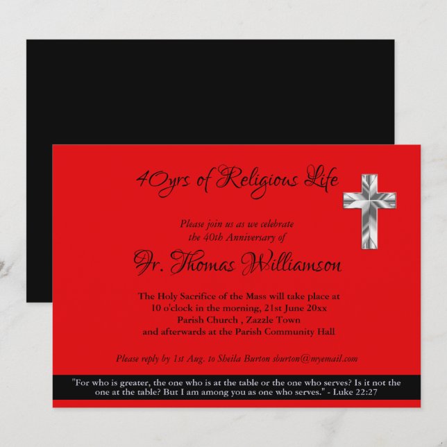 Priest Deacon 40th Ordination Anniversary Ruby Invitation (Front/Back)