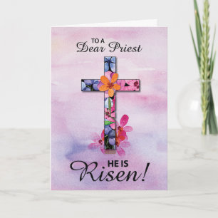 Priest Easter He is Risen Cross Watercolor Flowers Card