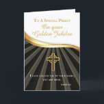 Priest Golden Jubilee of Ordination Anniversary Card<br><div class="desc">Celebrate a Priest’s golden jubilee. This 50th ordination anniversary card features a gold 3D digitally rendered cross and wave line between the black rays on the bottom and the main message on white.</div>