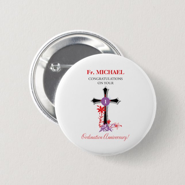 Priest Ordination Anniversary Black Cross 2 Inch Round Button (Front & Back)