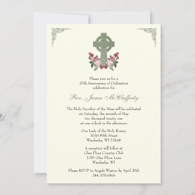 Priest Ordination Anniversary Celtic Cross Roses Invitation (Front)