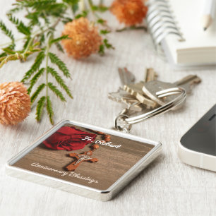 Priest Ordination Anniversary Red Rose and Rosary Keychain