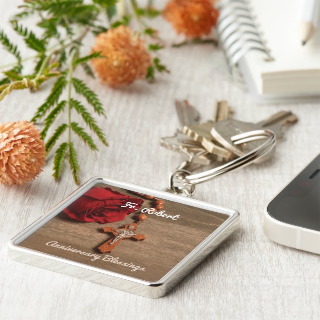 Priest Ordination Anniversary Red Rose and Rosary Keychain (Side)