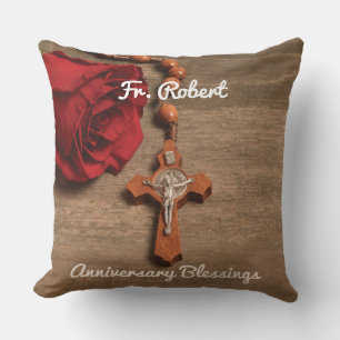 Priest Ordination Anniversary Red Rose and Rosary Throw Pillow