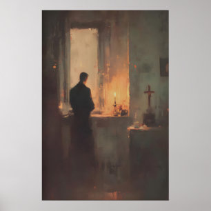 Priest Praying By Candlelight, Christian Wall Art