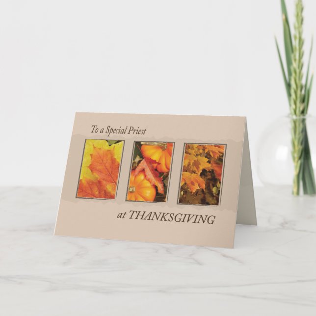 Priest Religious Three Leaves Thanksgiving Holiday Card (Front)