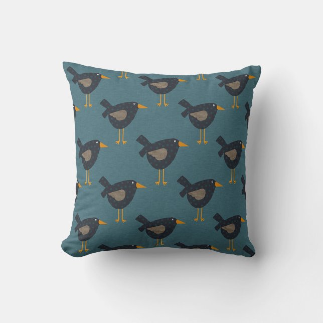 Prim Crow Pillow, Whimsical Crows Folk Art Throw Pillow (Front)