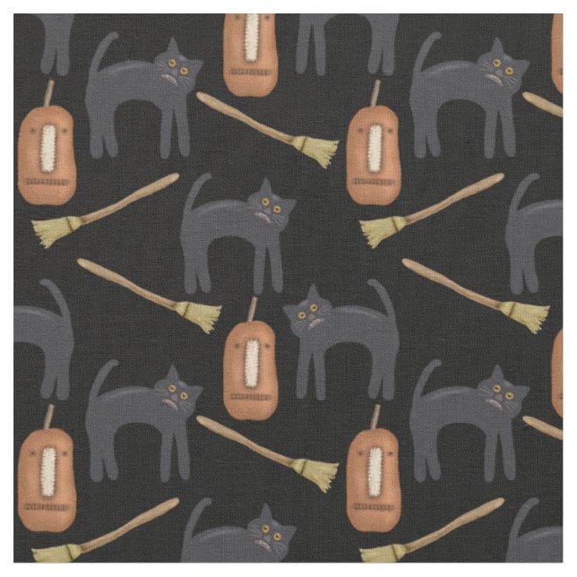 Prim Halloween Cats, Pumpkins, Brooms, 56" Fabric (Close Up)
