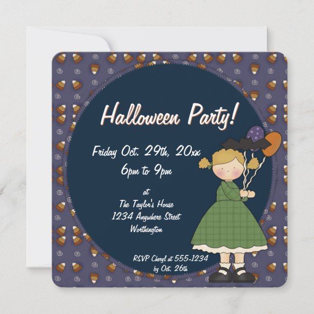 Prim Halloween Kid's Party Invitation Girl 4 (Front)