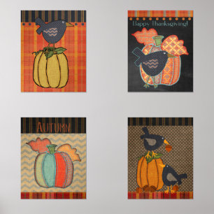 Prim Pumpkins and Crow Thanksgiving Fall Folk Art 