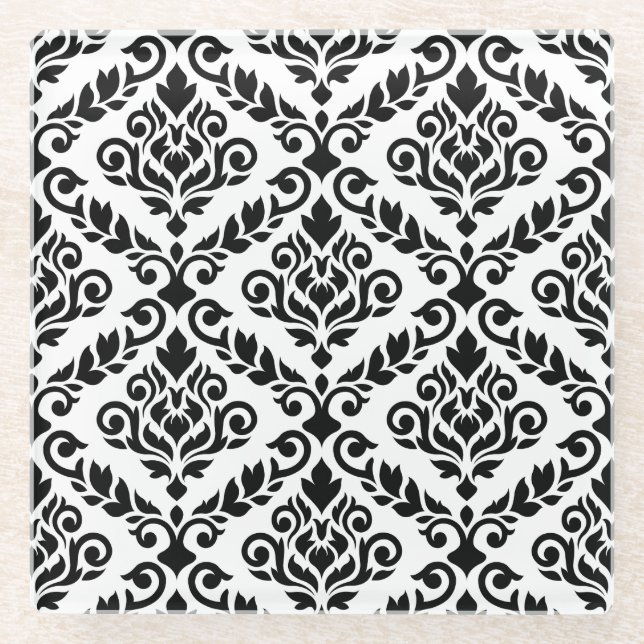 Prima Damask Pattern Black on White Glass Coaster (Front)