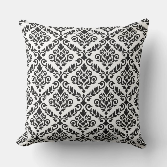 Prima Damask Pattern Black on White Outdoor Pillow (Front)