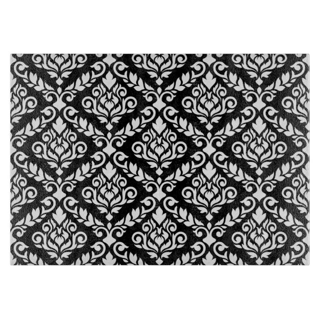 Prima Damask Pattern White on Black Cutting Board (Front)