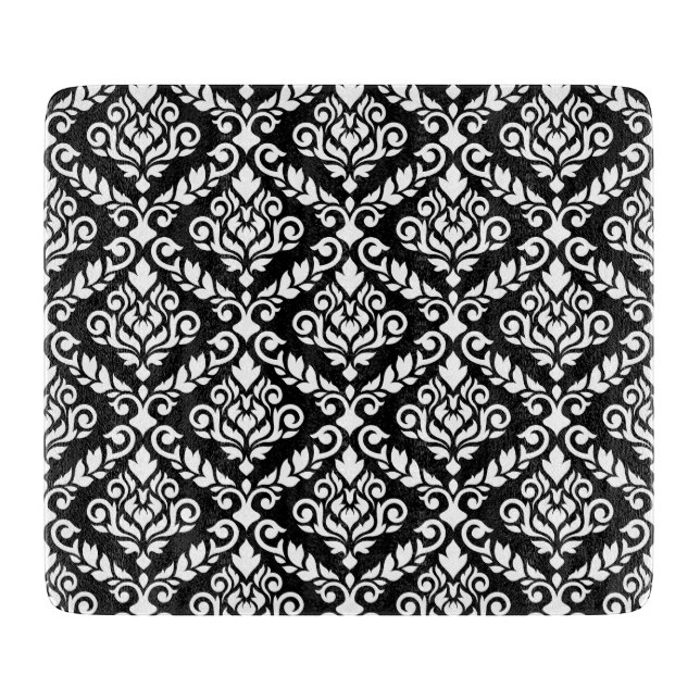 Prima Damask Pattern White on Black Cutting Board (Front)