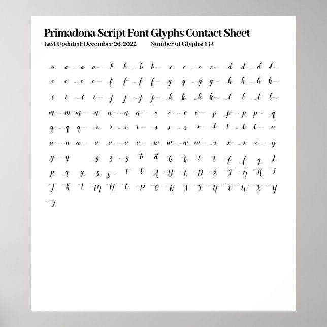 Primadona Script Font Glyphs Contact Sheet Poster (Front)