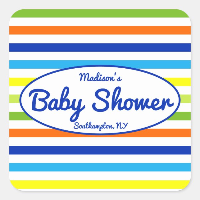 Primary Blue Modern Summer Stripes Baby Shower Square Sticker (Front)