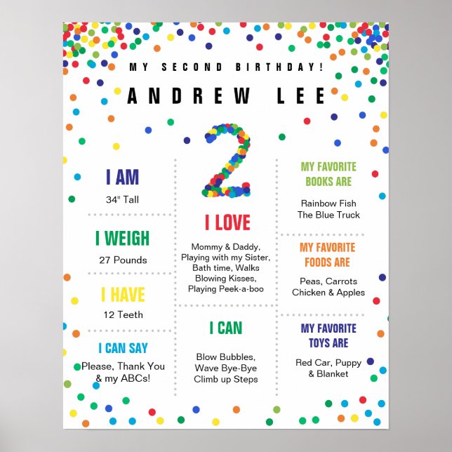 Primary Colors Confetti boy second birthday poster (Front)