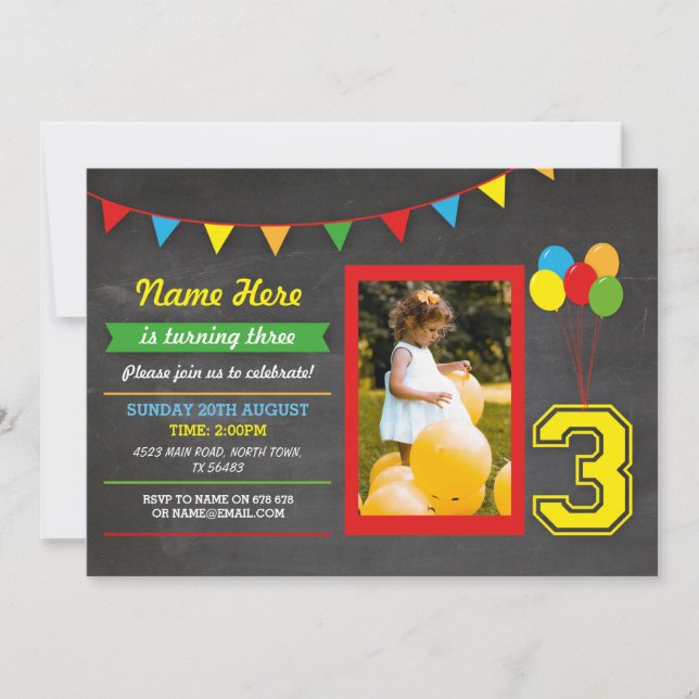 Primary Colour Birthday Girls Boys 3rd Three Photo Invitation (Front)