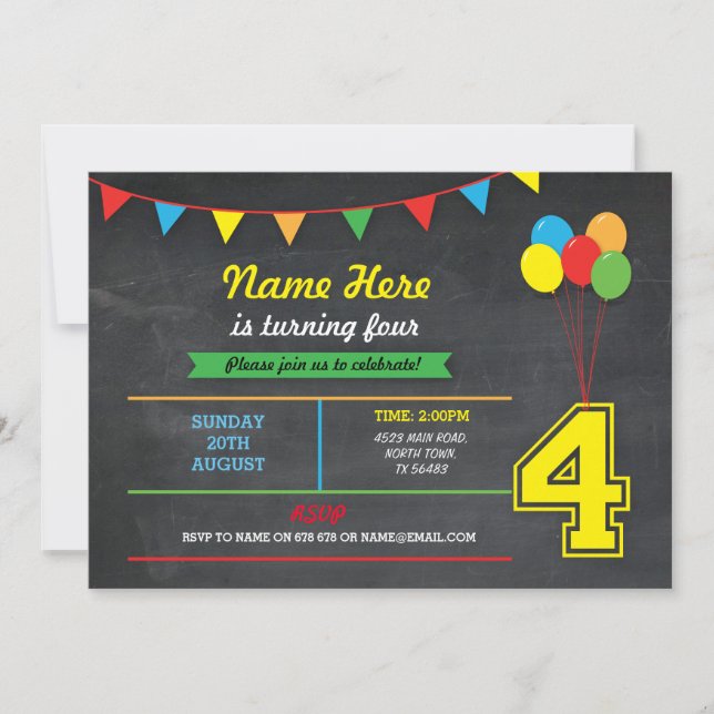 Primary Colour Birthday Girls Boys 4th Four Invite (Front)