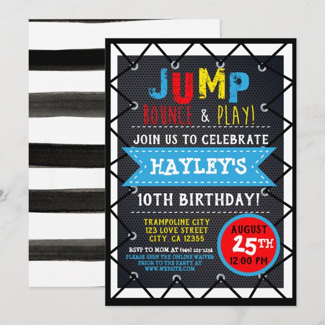 Primary Colour Jump & Play Trampoline Park Bounce Invitation (Front/Back)