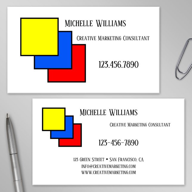 Primary Colours Creative Marketing Business Card (Business card featuring a Mondrian inspired design in primary colors)