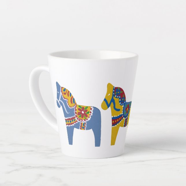 Primary Colours Dala Horses by Julia Latte Mug (Left Angle)