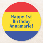 Primary Colours Kid's Birthday Party Round Paper Coaster<br><div class="desc">Red Yellow and Blue,  it's time to celebrate you!  This primary coloured 1st birthday party theme with a retro feel is perfect for celebrating your little kid boy or girl on their first birthday or any birthday!</div>