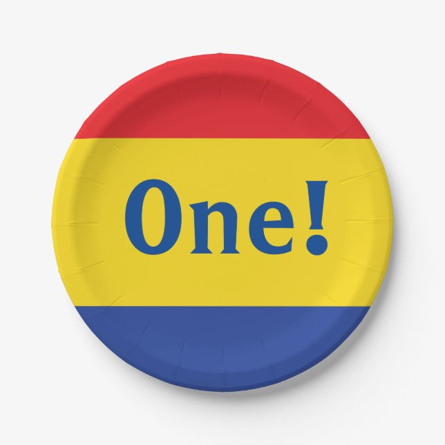 Primary Colours Red Yellow Blue 1st Birthday Party Paper Plate (Front)