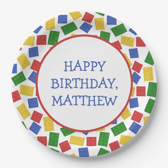 Primary Colours Toy Building Bricks Birthday Party Paper Plate (Front)