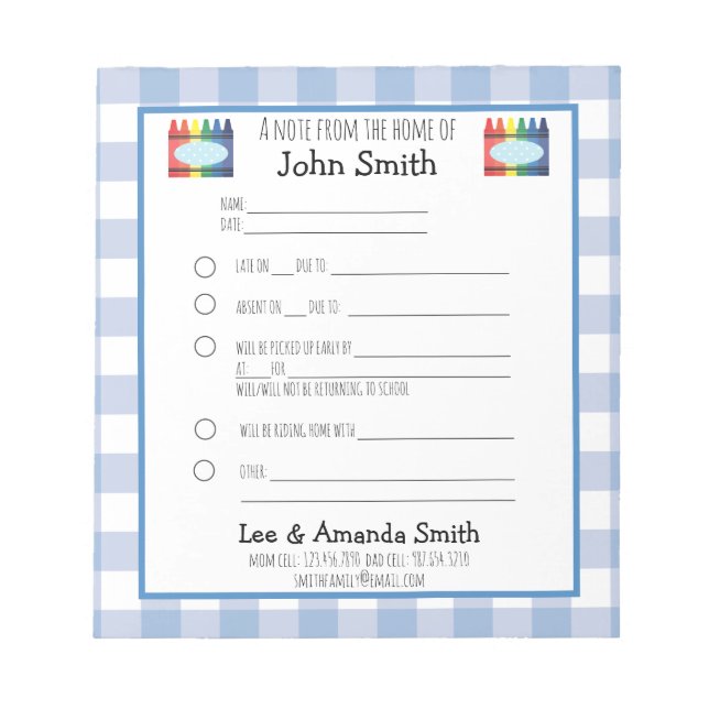 Primary Crayon School Note Excuse (Front)