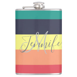 Primary Rainbow Colour Block Stripe Monogram Name Hip Flask