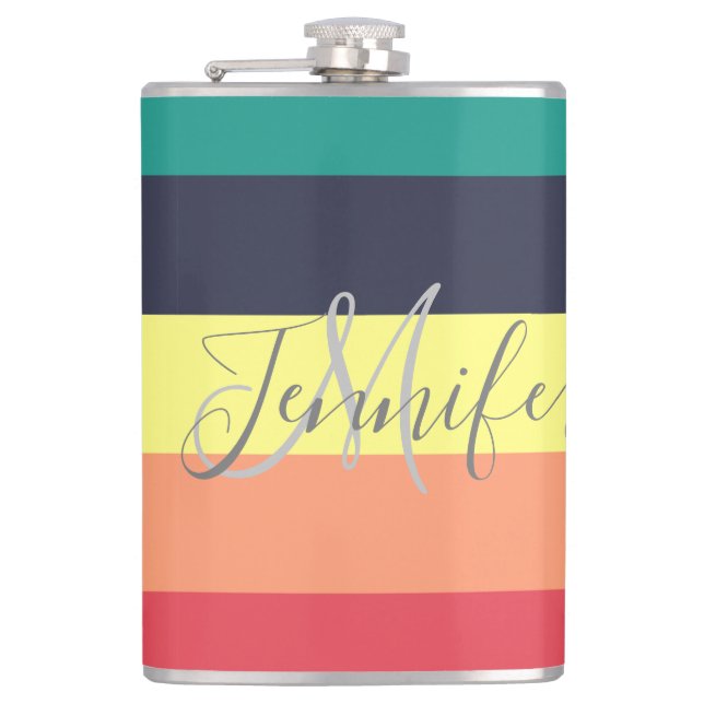 Primary Rainbow Colour Block Stripe Monogram Name Hip Flask (Front)