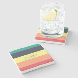Primary Rainbow Colour Block Stripe Monogram Name Stone Coaster