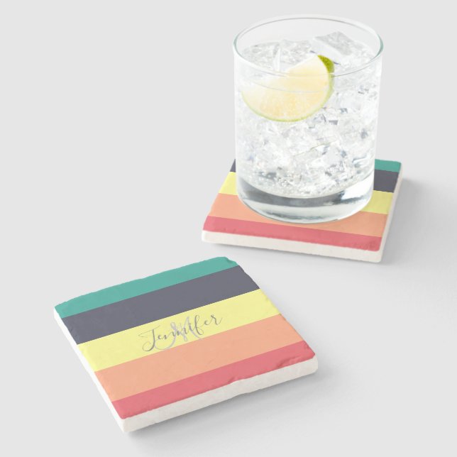 Primary Rainbow Colour Block Stripe Monogram Name Stone Coaster (Side)
