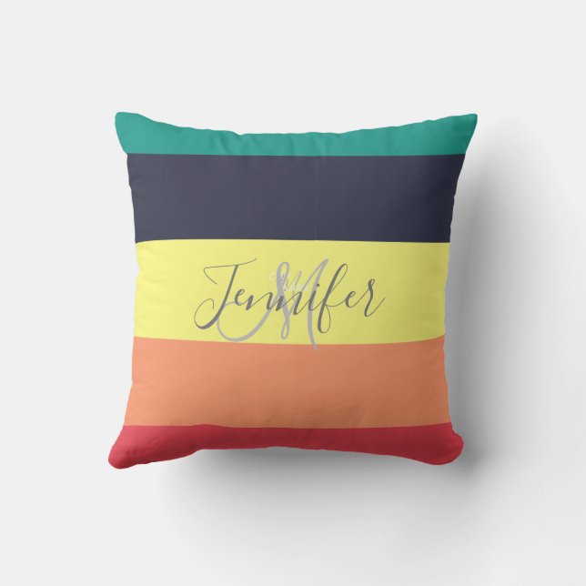 Primary Rainbow Colour Block Stripe Monogram Name Throw Pillow (Back)